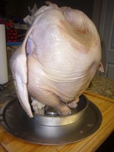 With the Turkey sitting on the can, you can give her the rub down without missing a spot